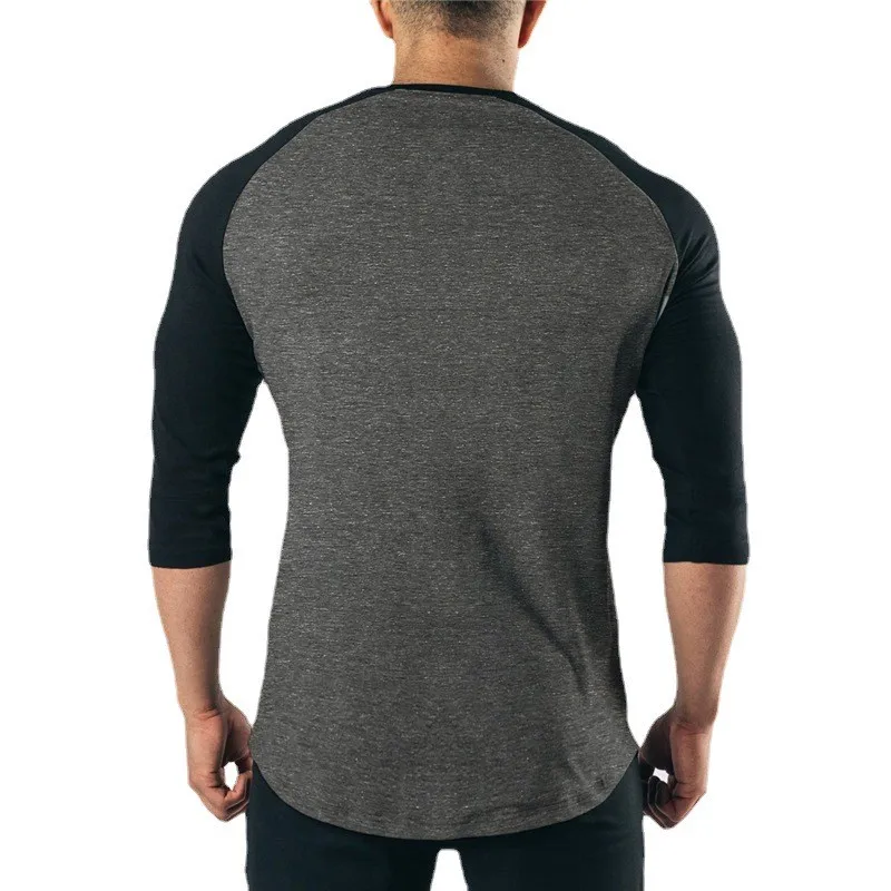 Men\'s Three Quarter Sleeves Cotton Slim Fit Shirts Fashion Color Contrast Sportswear Gym Bodybuilding Fitness Workout T-Shirts