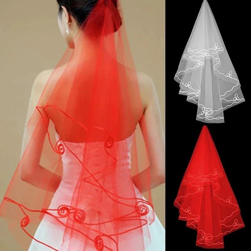 Applique Patchwork Trim Wavy Solid Color Bridal Single Layer Women Short Sheer Mesh Tulle Wedding White Red