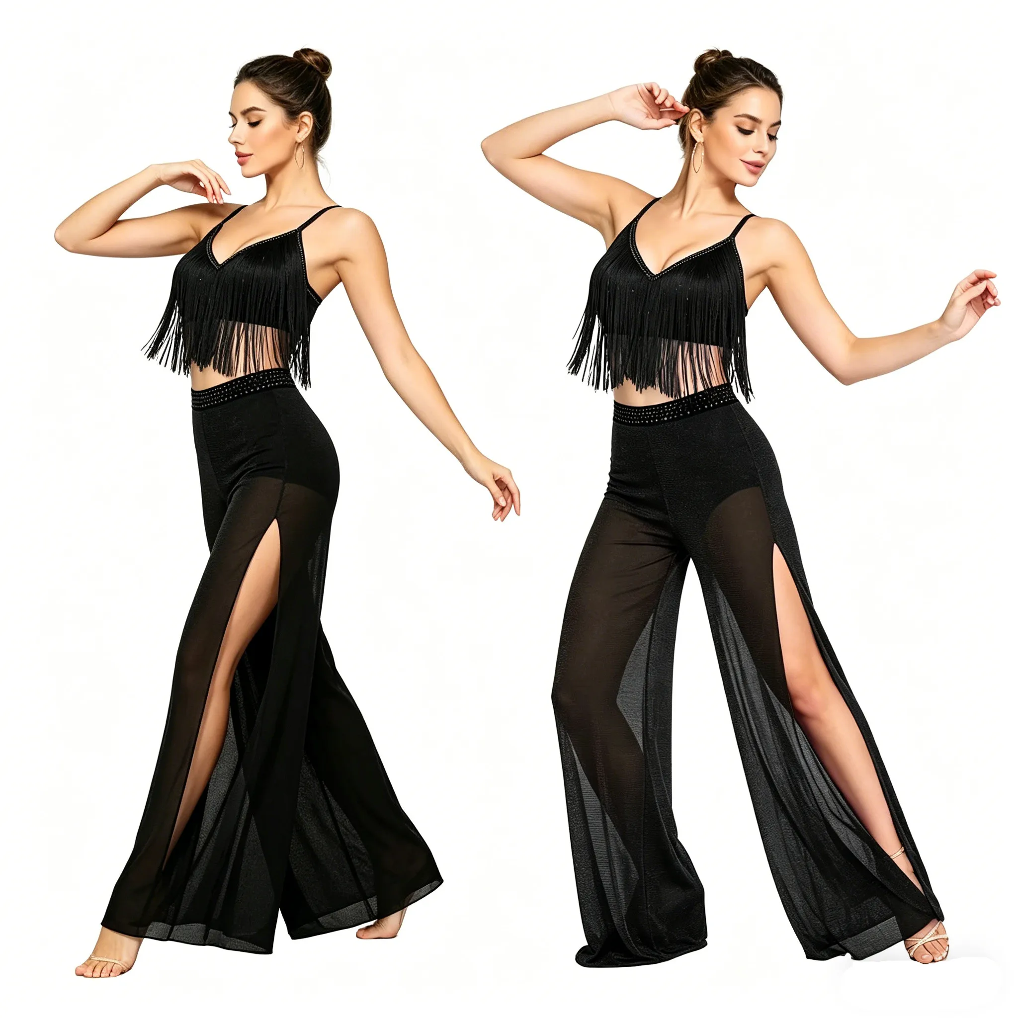 

Women Shiny Modern Lyrical Dance Outfit Tassel Crop Top with Mesh Pants Built-in Briefs for Skating Gymnastics Latin Ballroom