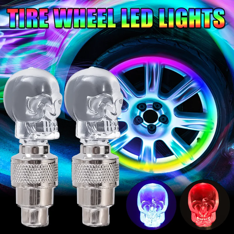 2pcs Colorful Skull Lights Tyre Air Valve Stem LED Light Cap Cover Car Wheel Motorcycle Bicycle Tire Decorative Lamp