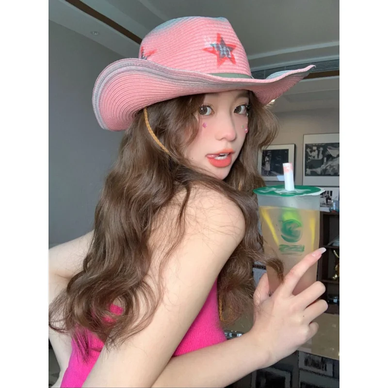 

Custom Pink Spicy Girl Western Cowboy Hat Vintage Niche Straw Hat Beach Hat Summer