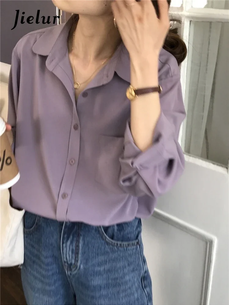 Jielur Dark Purple Long-sleeved Chiffon Blouse Female Spring Summer Leisure White Shirts Women Casual Solid Color Simple Blouses