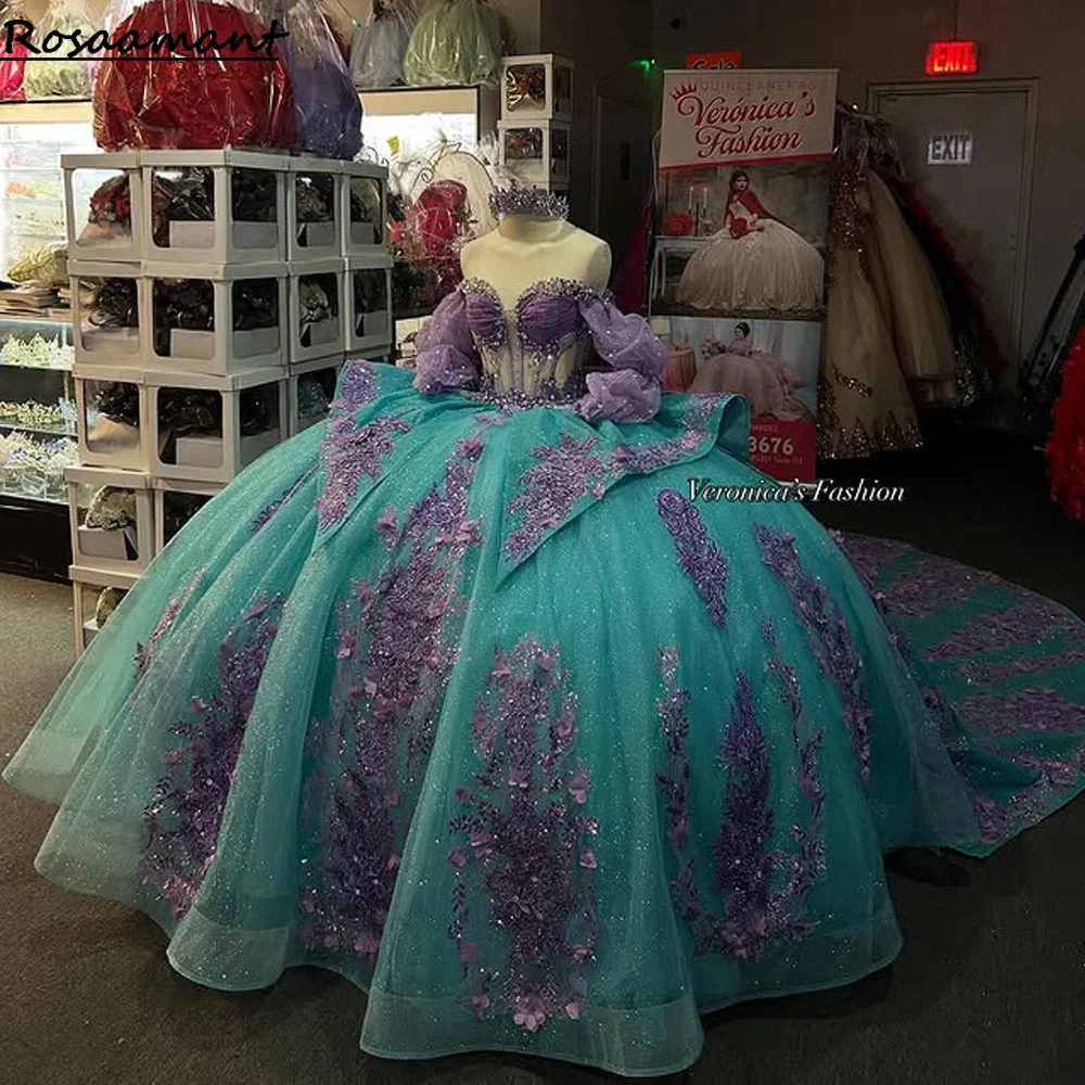 Blue Off-Shoulder Quinceanera Dresses Purple Lace Applique Beads Corset Birthday Sweet 16 Gowns Customized
