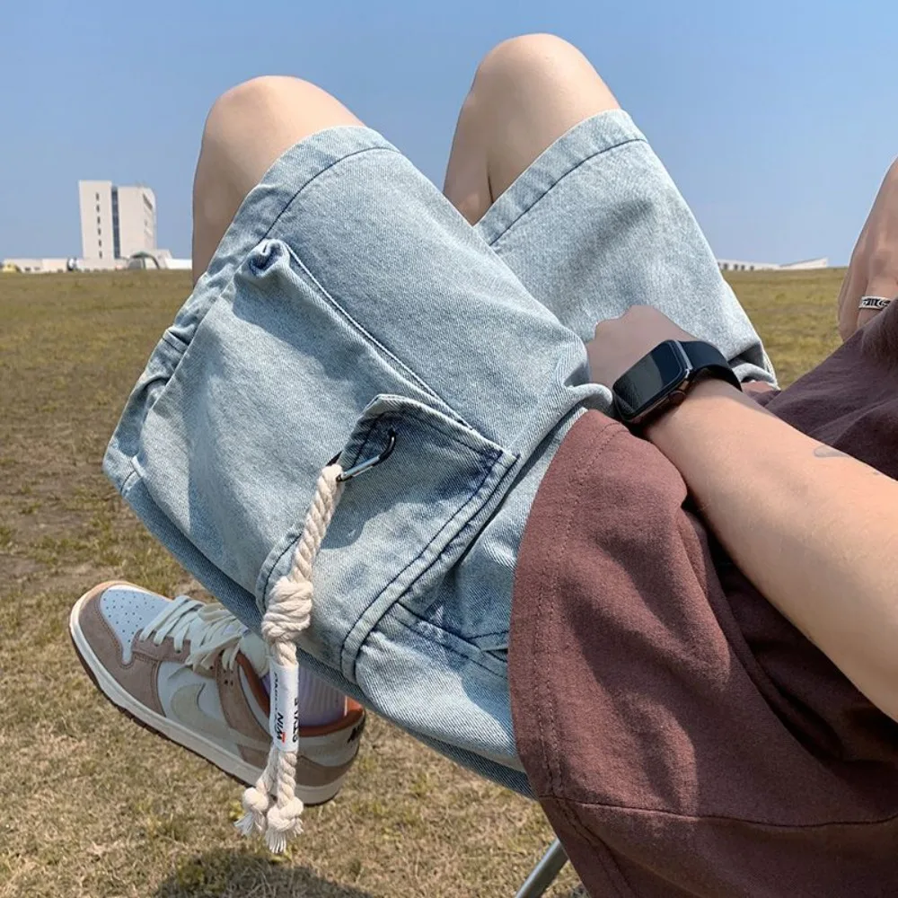 Invisible ouvert entrejambe sexe en plein air décontracté cinq points pantalon hommes Denim Shorts tendance polyvalent rétro été cordon pantalons en vrac