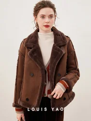 LOUIS YAO 2024 Winter Faux Suede Leather Large Turn-down Collar Coat Fashionable Thick Plush Feel Warm Loose Women's Outerwear