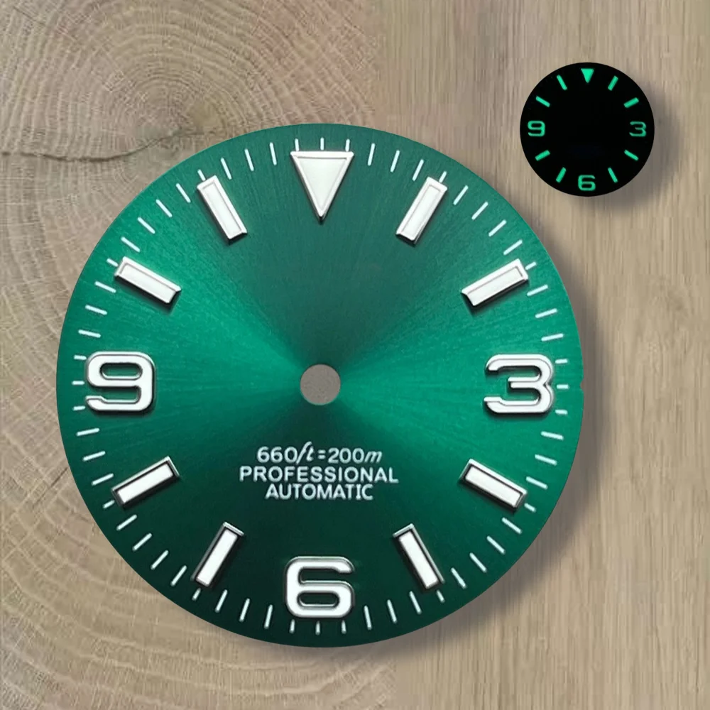 28.5mm S Logo Sunray Dial Fit NH35/NH36/4R/7S Movement Green Luminous Watch Modification Accessories 3/3.8/4O'clock