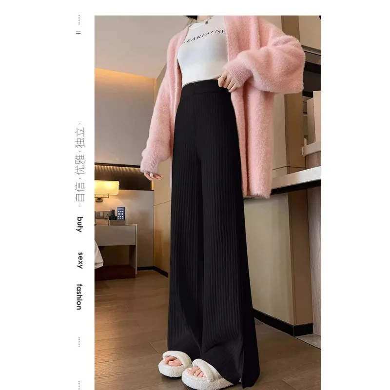 

Lazy Style Slit Knitted Pants for Women High Waist Versatile Wide Leg Casual Pants Slightly Flared Straight Floor Mopping Pants