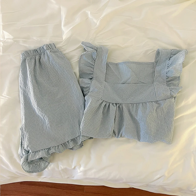 Pijama a cuadros con cuello cuadrado para mujer, conjunto de 2 piezas, jersey de manga corta y pantalones cortos, ropa de casa de gran tamaño