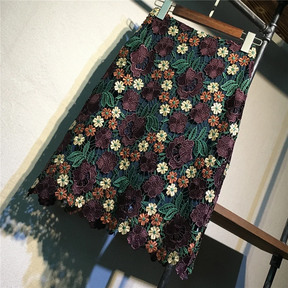 Fine Embroidered Floral Vintage High Waist Skirt Women Office Lady Party Streetwear Knee-Length Lace Skirt