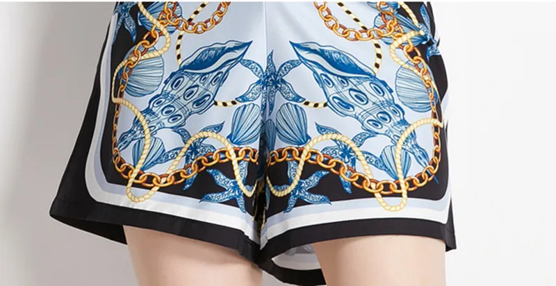 2022 New Summer Women 2 Piece Shorts Set Runway Chain Print Single-Breasted Shirt Tops + Fashion Wide Leg Shorts Suits