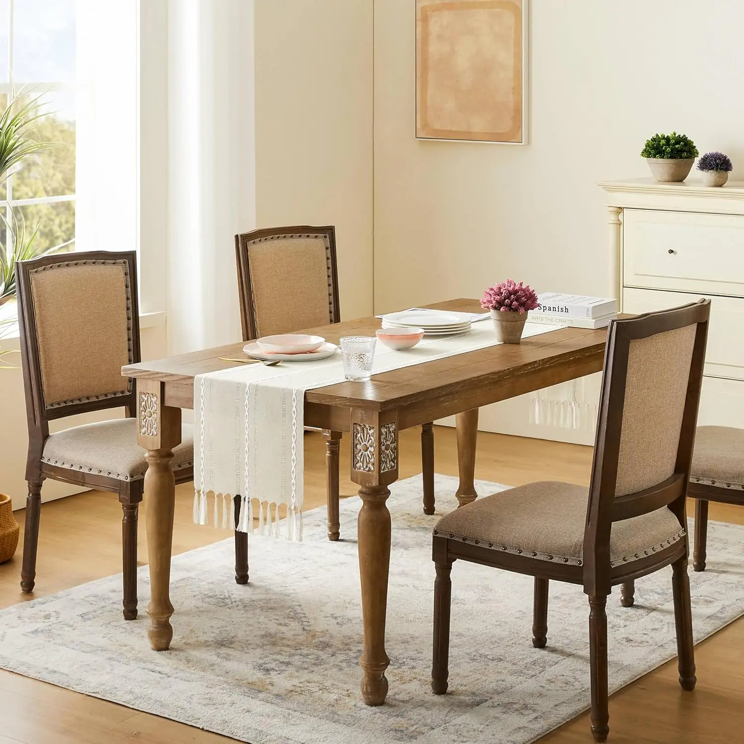 

Farmhouse Table Runner Washable Beige White Cotton Linen Embroidered Striped Sage Green Boho Table Runner Rustic Home Decor