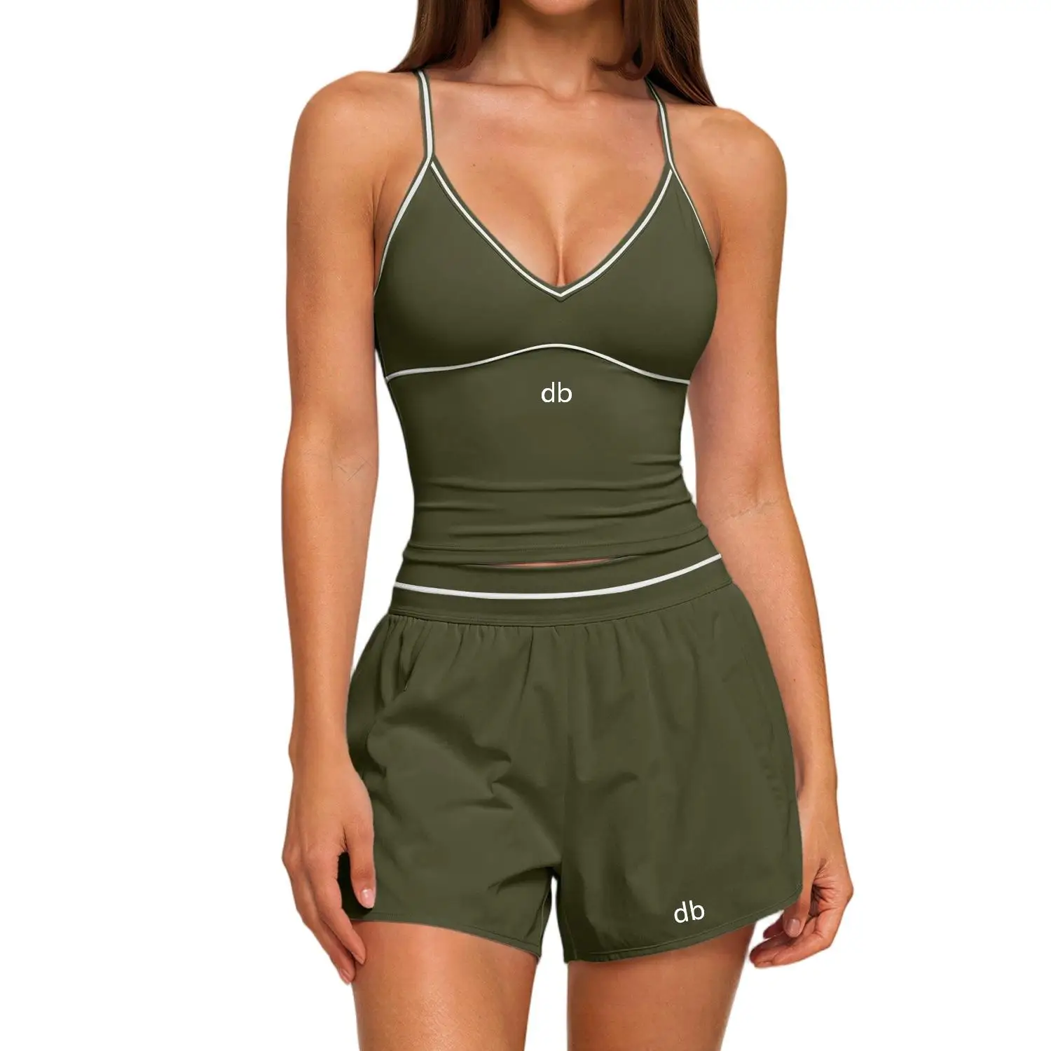 Yoga vest shorts set, women's new style, brushed hair contrasting color, V-neck hanging neck, sports quick drying fitness set
