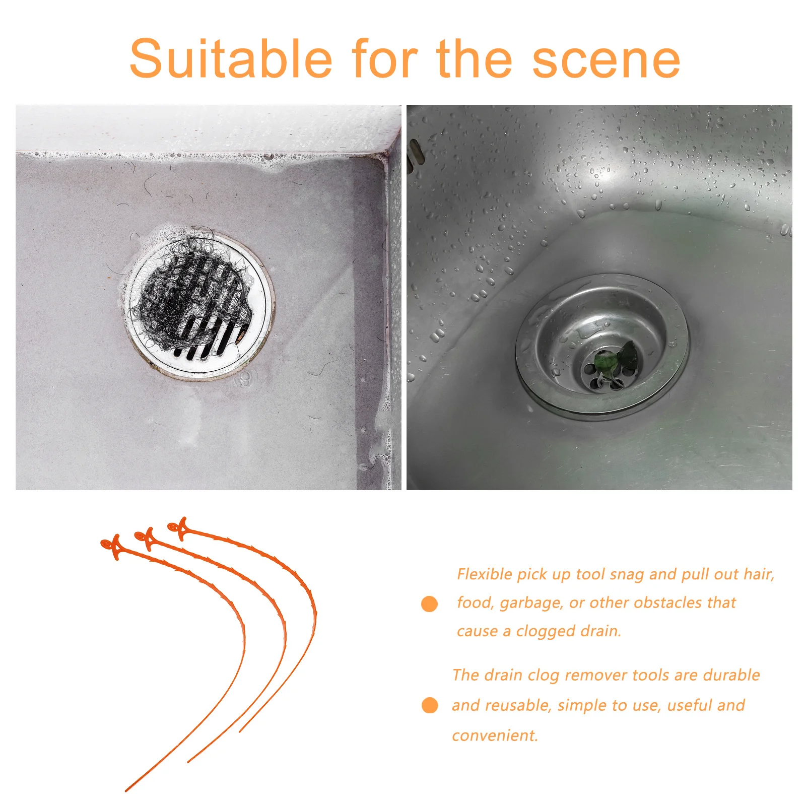 

3Pcs Multiuse Drain Clog Remover for Kitchen Bathroom Sinks Bathtubs Shower Flexible Design Easy to Use Drain Clog Remover