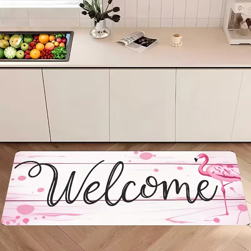 Pink Flamingo Welcome Long Kitchen Rug Rustic Light Wood Grain Background Non Slip Floor Mat Cute Entryway Indoor Carpet