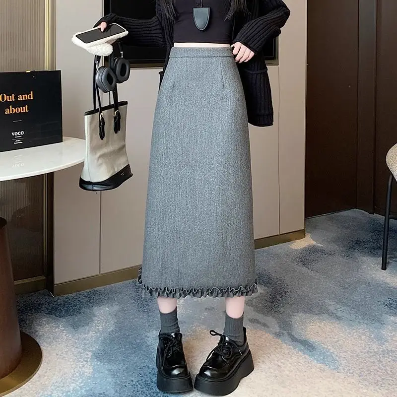 Falda recta envuelta en la cadera gruesa de terciopelo de invierno para mujer con brotes de lana gris falda de un solo paso dividida de cintura alta