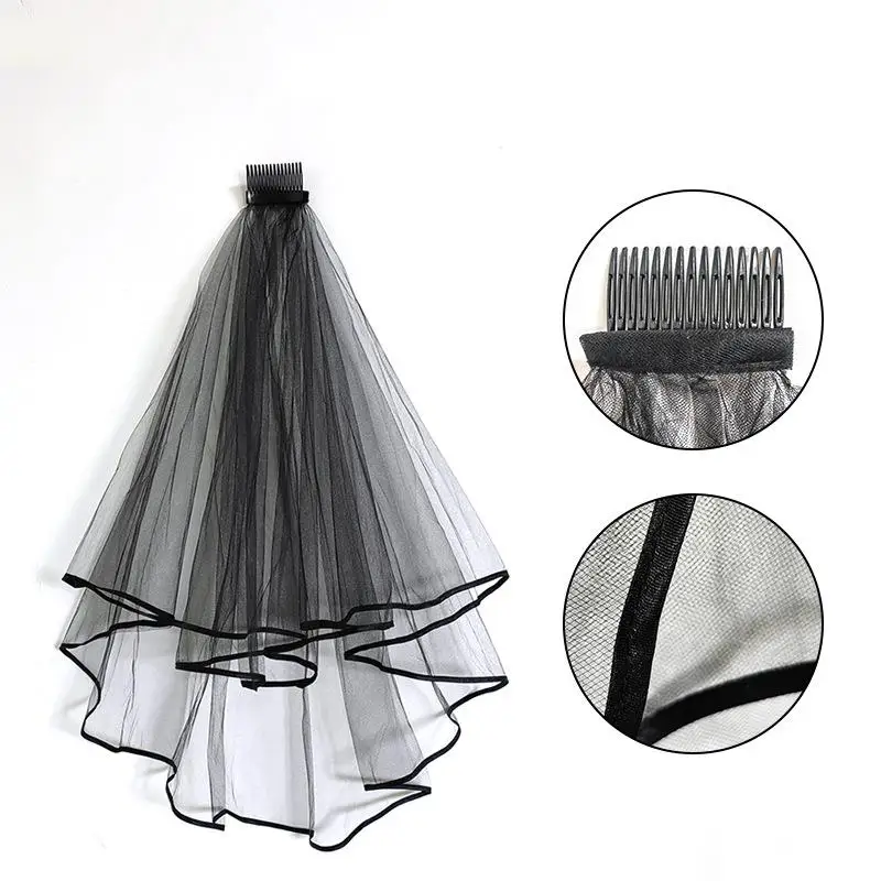 Short Black  2 Tier Ribbon Edge Costume Halloween Soft Tulle Veils with Comb Hairpiece  Accessories Velo De Novia