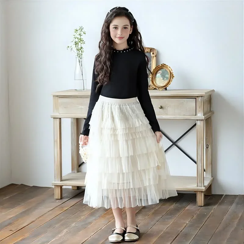 

Autumn Teen Girls Dress Two Pieces Black T Shirt Mesh Layered Skirt Set for Kids 10 12 Years Princess Dresses Children Clothes