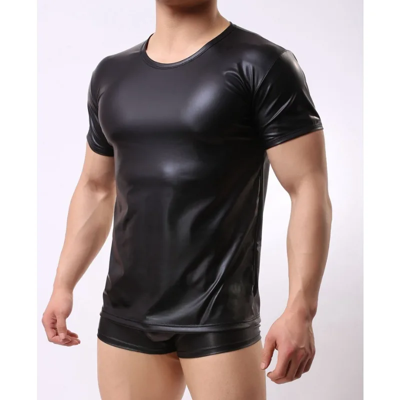 Sexy Patent Leather Fashion Men's T-shirt Round Neck Summer Shirt For Men Faux Leather Elastic Short Sleeved Tops Men Clothing