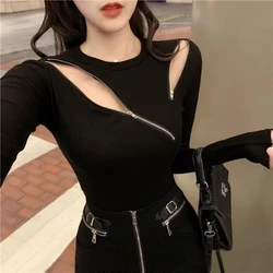 Short Long Sleeve Korean T Shirts Spring Autumn New Slim Hollow Out Zipper Patchwork Y2K Tops Tees Fashion Casual Women Clothing