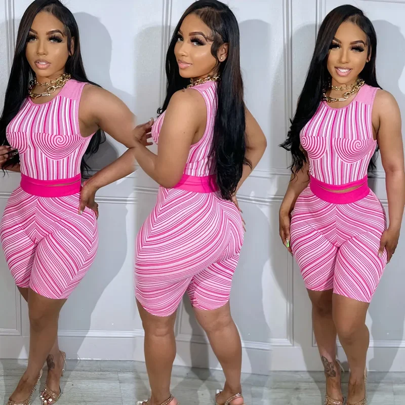 Women Two 2 Piece Set Outfit Striped Print Sleeveless Tank Top +Shorts Street Matching Set Tracksuit 2024 Summer Sporty