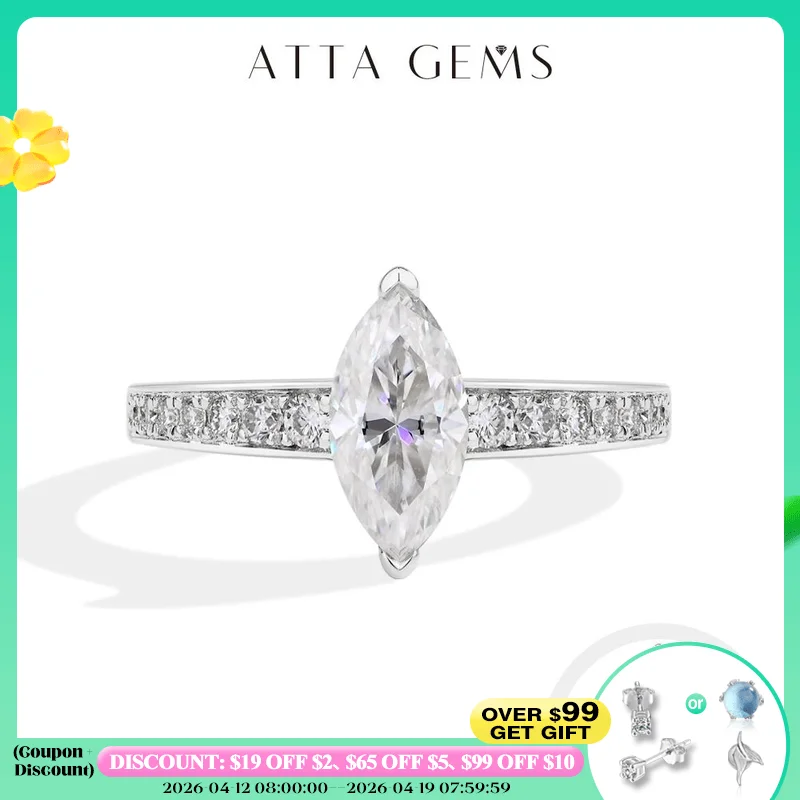 

ATTAGEMS 1.0CT Moissanite Ring for Women 5*10mm Marquise Cut Stone S925 Pure Silver Wedding Engagement Luxury Rings Fine Jewelry