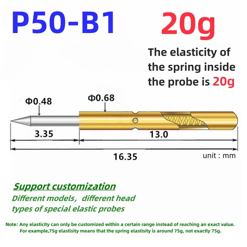 20/100PCS P50-B1 20g Spring Test Probe Test Pin Pogo Pin P50-B Electrical PCB Test Tool 0.48/0.68/16.35mm Needle Sharp Tip Head