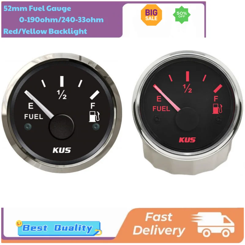 

KUS 52mm 0-190ohm / 240-33ohm Fuel Gauges Fuel Level Meters with Red / Yellow Backlight 12v/24v Working Voltage for Car Boat
