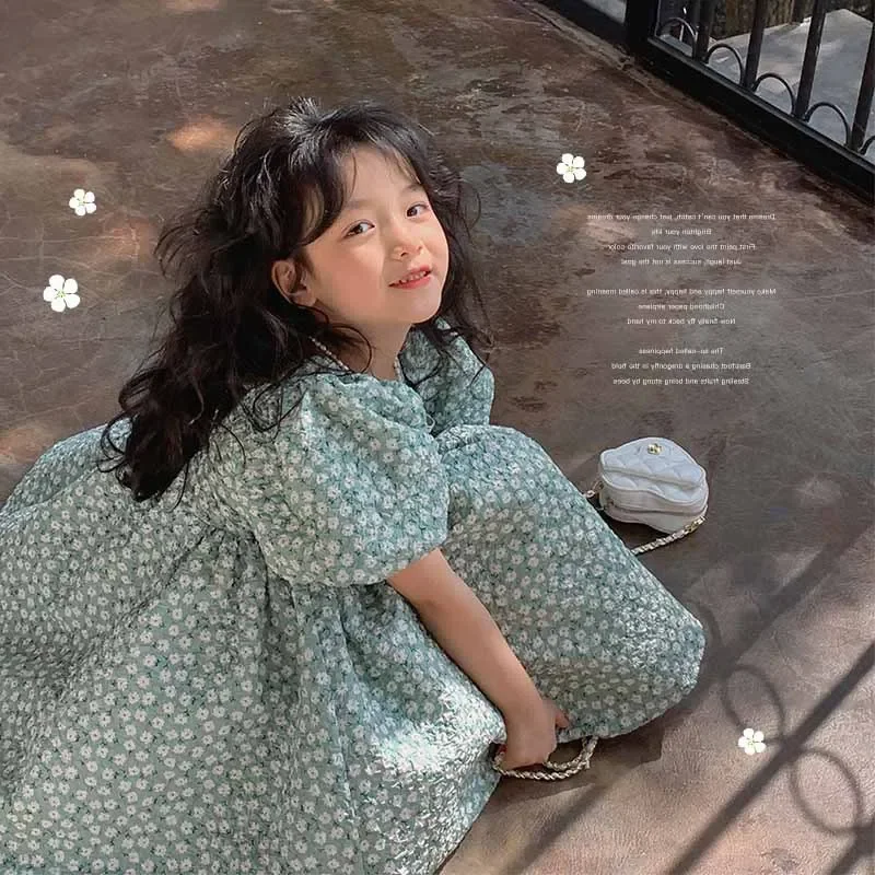 Girls Casual Dresses Floral Print Puffy Sleeves Dress Flower Girl Dresses Square Collar Clothes for Kids 3 To 7 Years