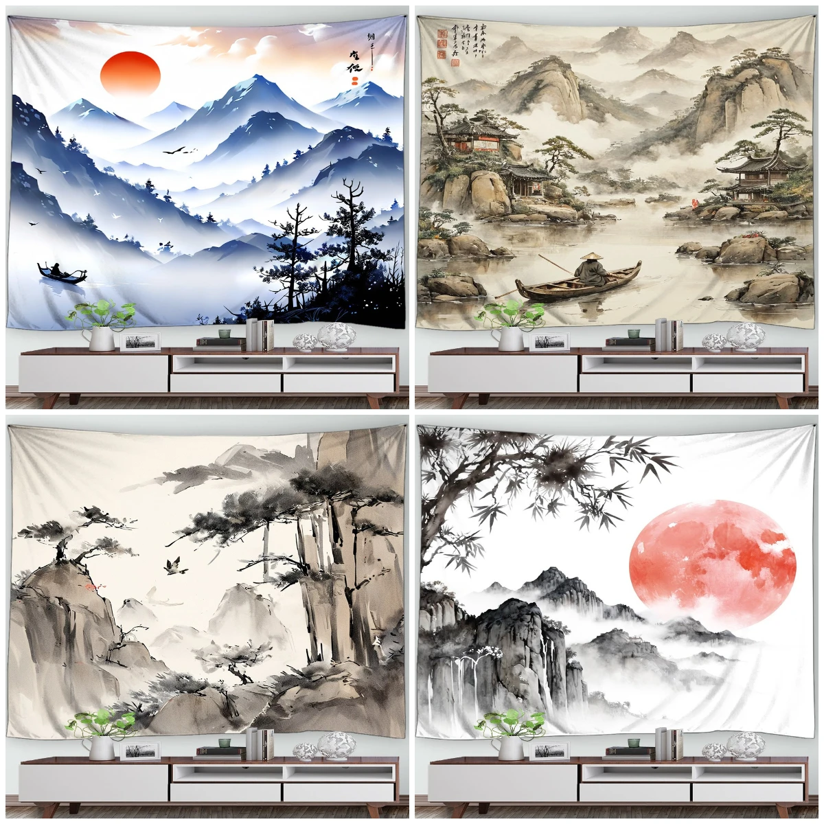 

Ink Painting Tapestry Wall Hanging Decor Mountains Red Sun Pines Chinese Style Painting Bedroom Living Room Tapestry Home Decor