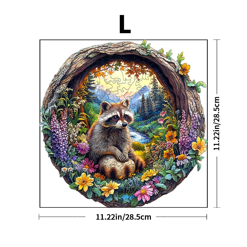 Wooden Puzzle for Adults - Raccoon & Forest Animals Jigsaw Puzzle, Unique Irregular Shapes, 4-6 Hours Assembly Time, Eco-Friendl