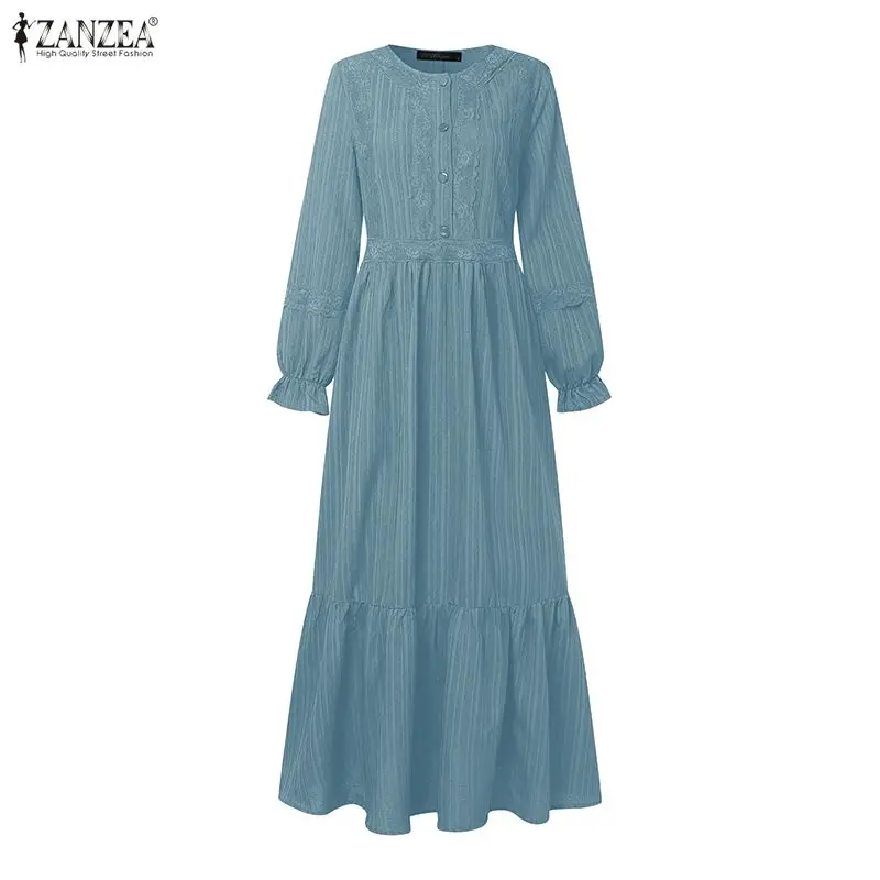 

2026 ZANZEA Fashion Muslim Abaya Dress Ramadan Robe Femme Autumn Lace Patchwork Dress Women Long Sleeve Pleated Party Sundress
