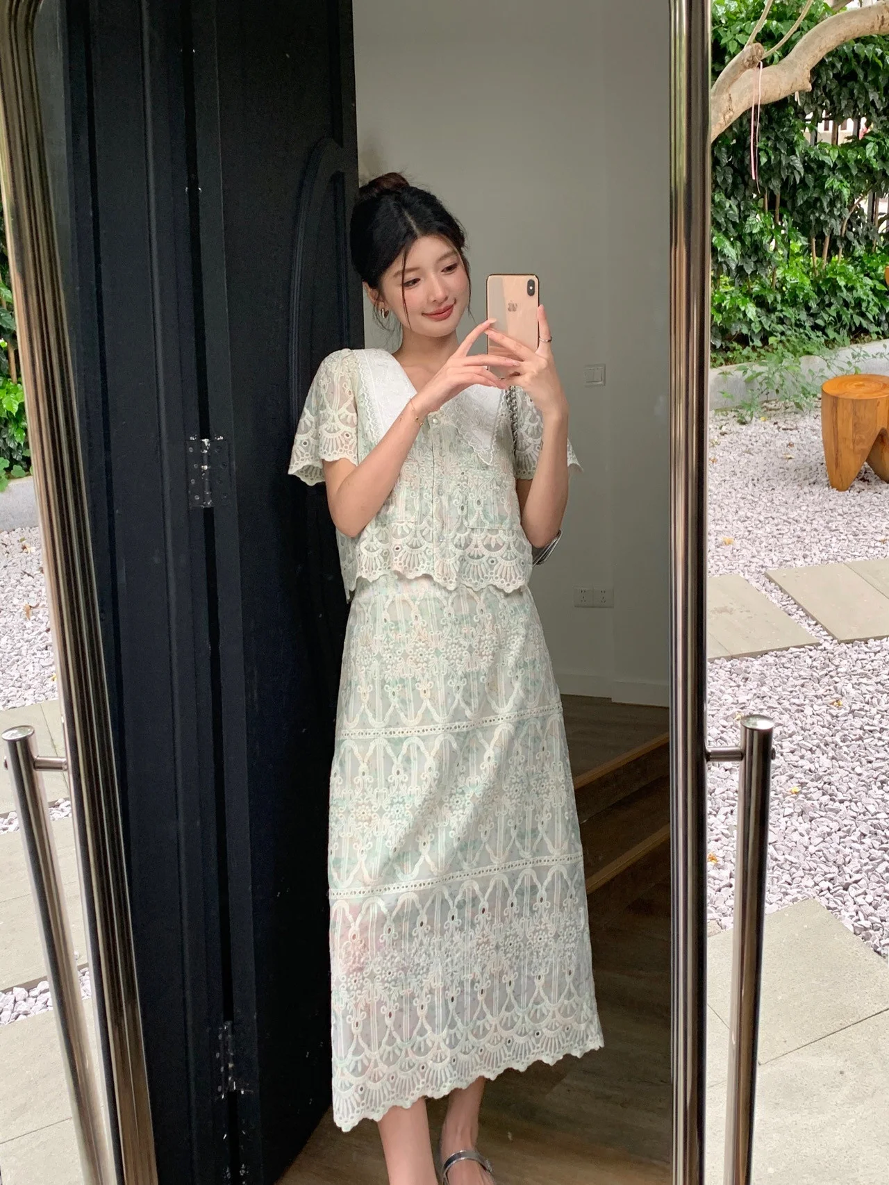 

Summer New High Waist Lace Print Blouse ort Sve Turn-down Collar irt A-Line Split Skirt Faionable Ensemble