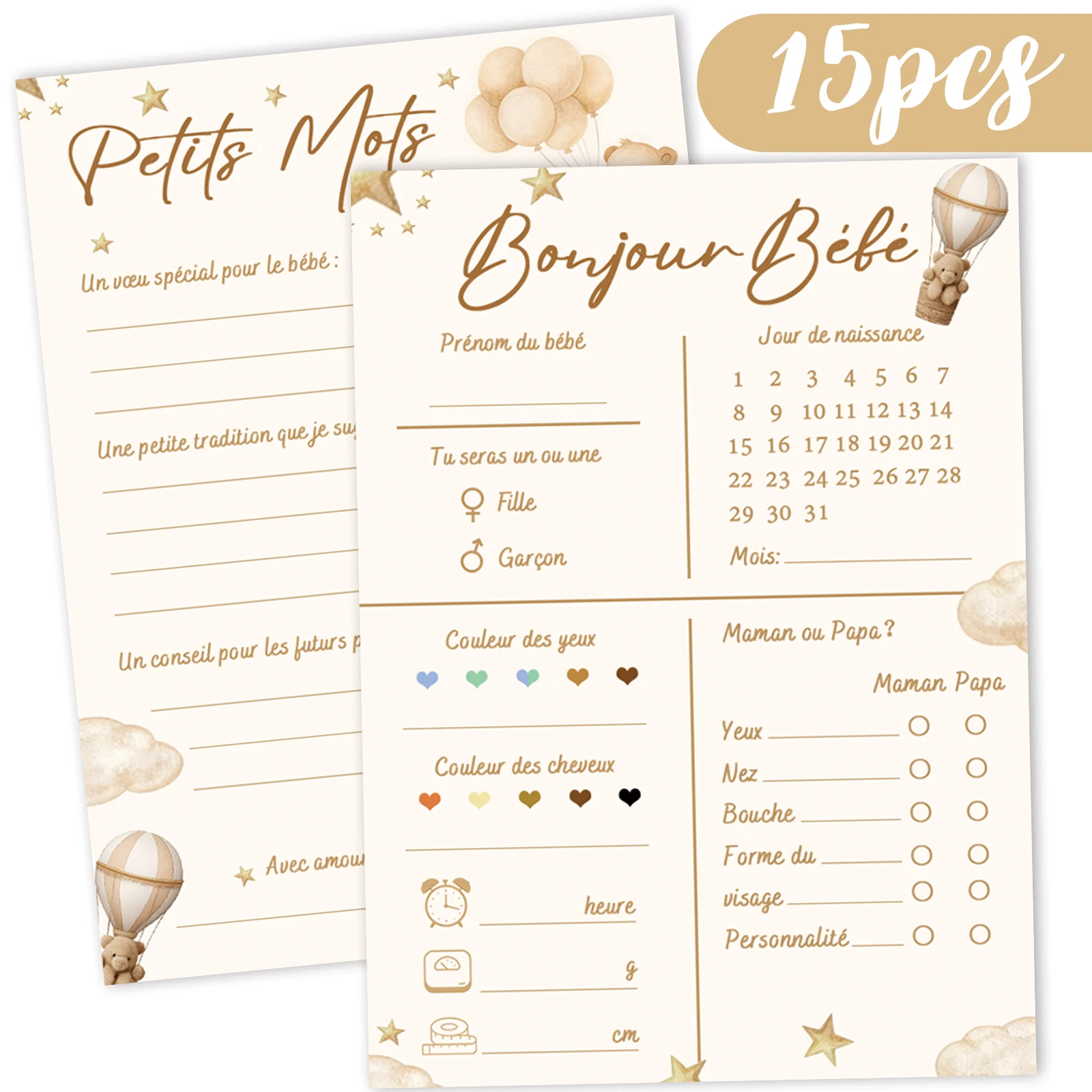 15 cartes de prédiction Cloud Star Elements - Jeu de prédiction pour le bain de bébé - Utilisé pour le bain de bébé, les anniversaires, les baptêmes, les fêtes d'anniversaire