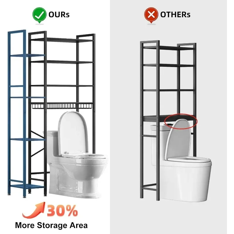 Sobre o rack de armazenamento do vaso sanitário com prateleiras laterais extras, banheiro de 4 camadas sobre armazenamento do vaso sanitário com prateleira ajustável e cesta de drenagem