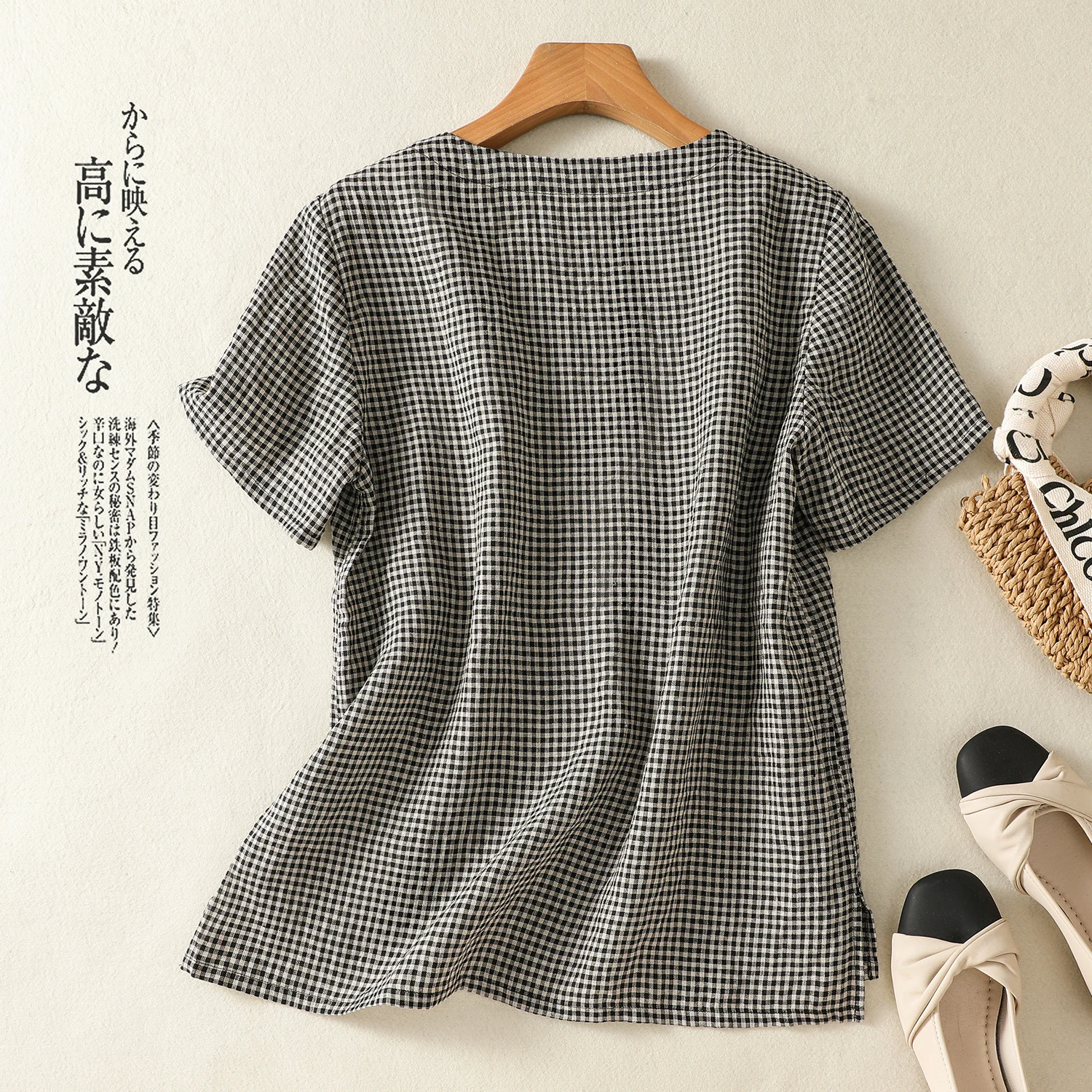 Wiosna Lato Nowa Krata Artystyczna Dojazdy do Pracy Wszechstronna ort Sve irt Cienka Mieszanka Bawełny i Lnu Damska Koszulka Prosty Krój