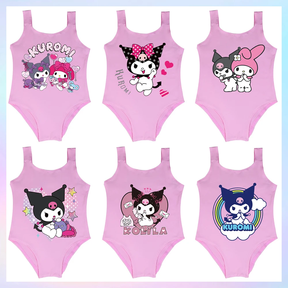 Anime Girls Swimsuit Sanrios Kuromi Kawaii Dopamine Ruffle Style Sling New Summer Kids Holiday Outdoors Swimwear Beach Clothes