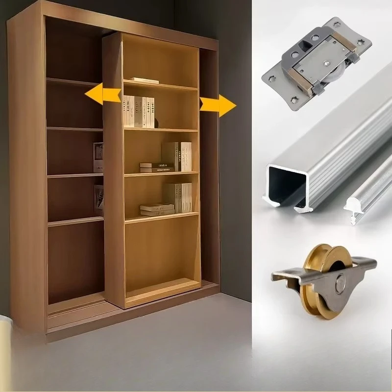 Built-in Mobile Cabinet Hardware Full Set, Double Buffer Invisible Push-pull Slide Rail for Bookcase Display Cabinet