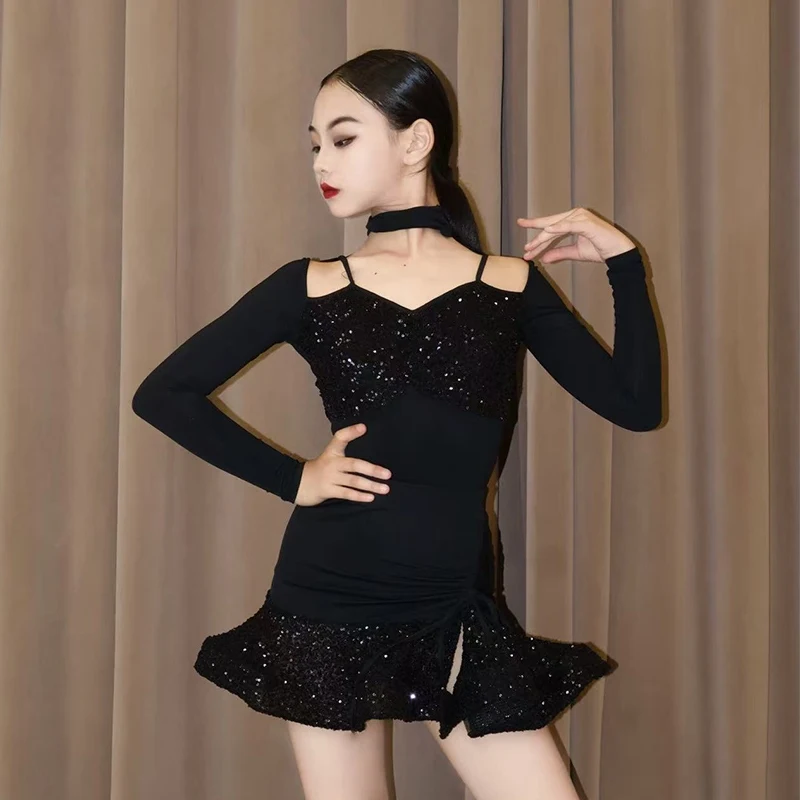 女の子ラテンダンスドレススパンコールブラックピンクパフォーマンス衣装長袖ドレススーツ子供ラテン競技ドレス