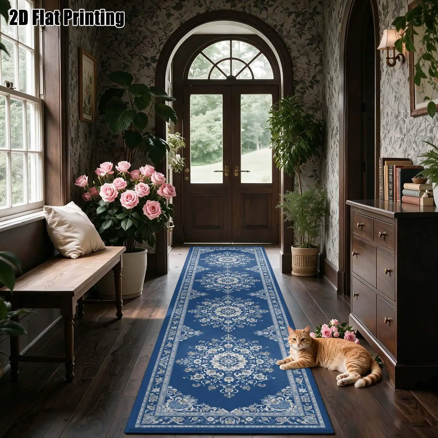 1Pc 2D Printed Striped Runner Carpet: Blue Floral, Vintage, Geometric, Bohemian Styles, Home Decor, Multi-Size, Machine Washable, for Entrance, Corridor, Living Room, Bedroom