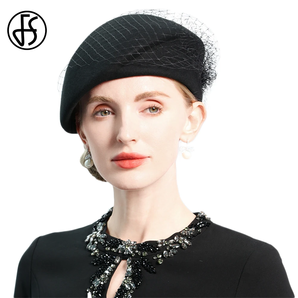 FS Black Camel Luxury Top Hat Winter Wool Beret For Women Elegant Ladies Wedding Church Hats With Veil Vintage Felt Fedora 2024