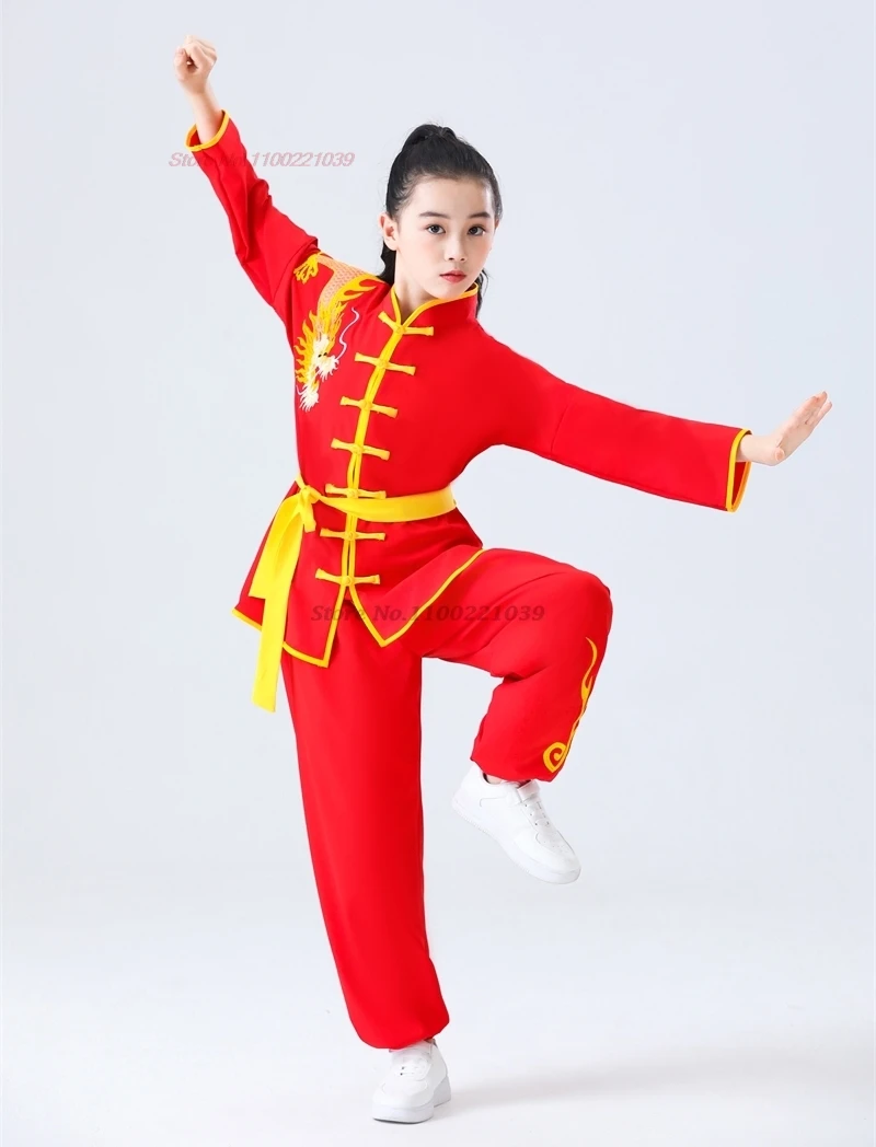 2024 chinese children kung fu costume national dragon embroidery wushu training uniform kung fu shaolin exercise tops+pants set