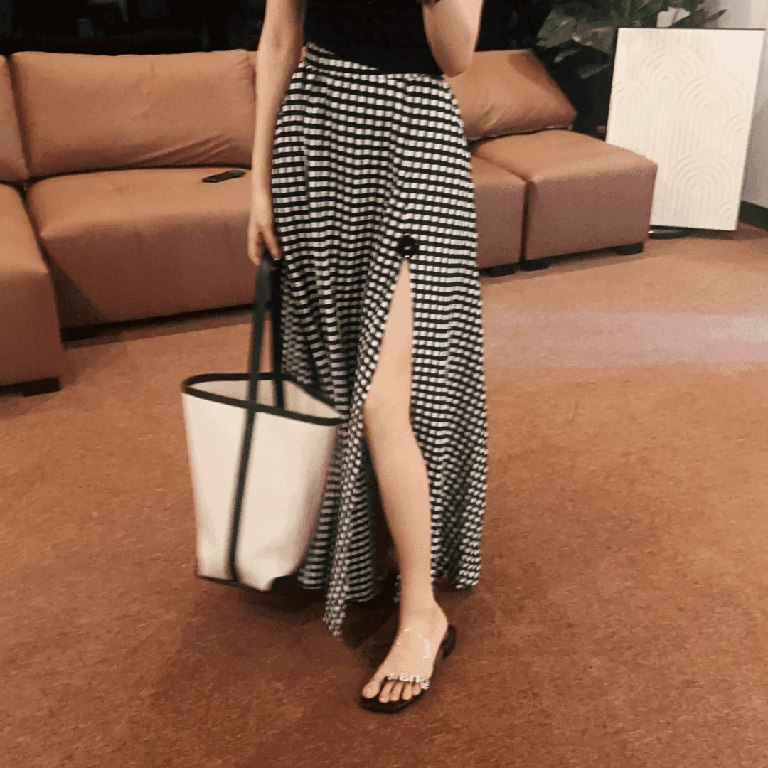 Hohe Taille Plaid A-Line Midi Rock frauen Herbst Neue Seite Schlitz Vintage Elastische Taille f Körper Rock Ele Abnehmen