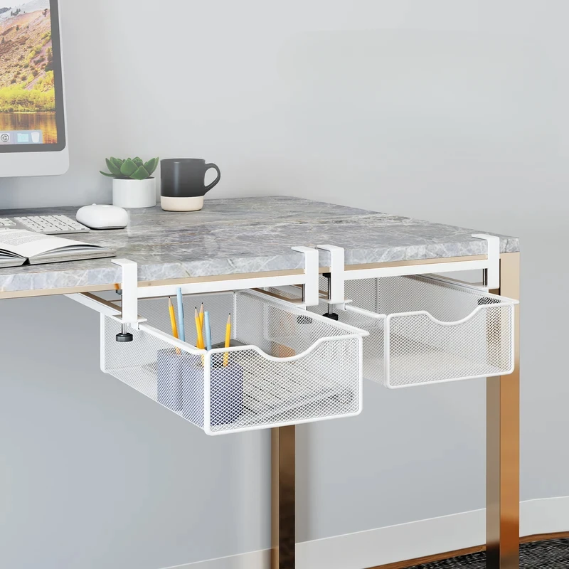 Under‑Desk Drawer with Rod, Invisible Under Desk Storage Box Desk Side Shelf for Workstation & Student Desk