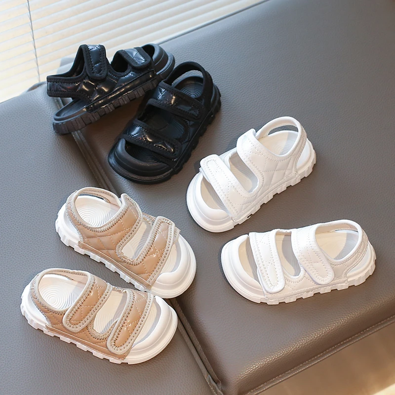 

Kids Beach Shoes Soild Color Double Hook&loop Boys Girls Sandals Non-slip Soft Sole 2025 Summer New Children Flats Toes Capped