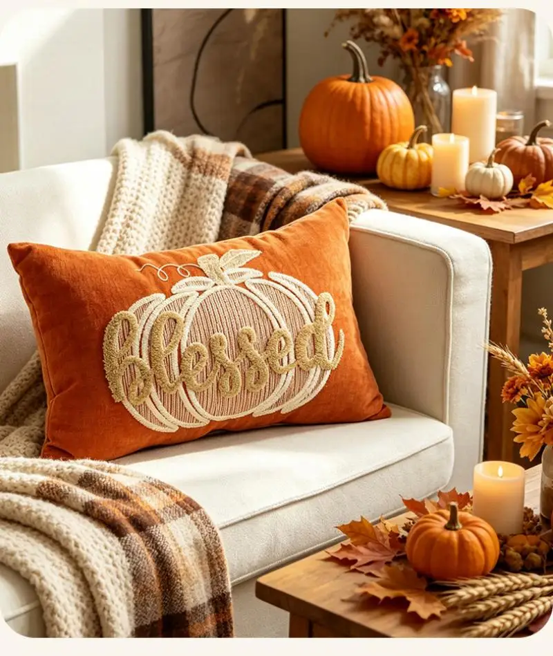 Herbst-Ernte Handtuchbestickter Kürbis-Kissenbezug Cojines Retro Unsichtbarer Reißverschluss Sofa Dekorative Kissenhüllen 30x50cm – Detail 7