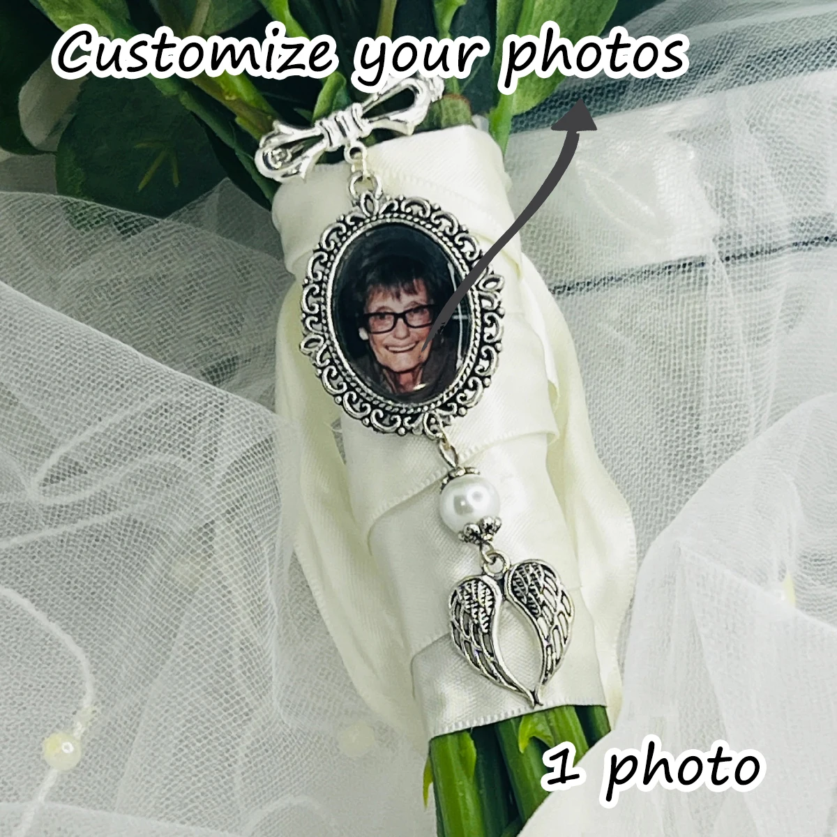 Antique Silver Photo Bouquet Charm, Bridal Memorial Keepsake for Wedding, Personalized Bouquet Gift for Bride