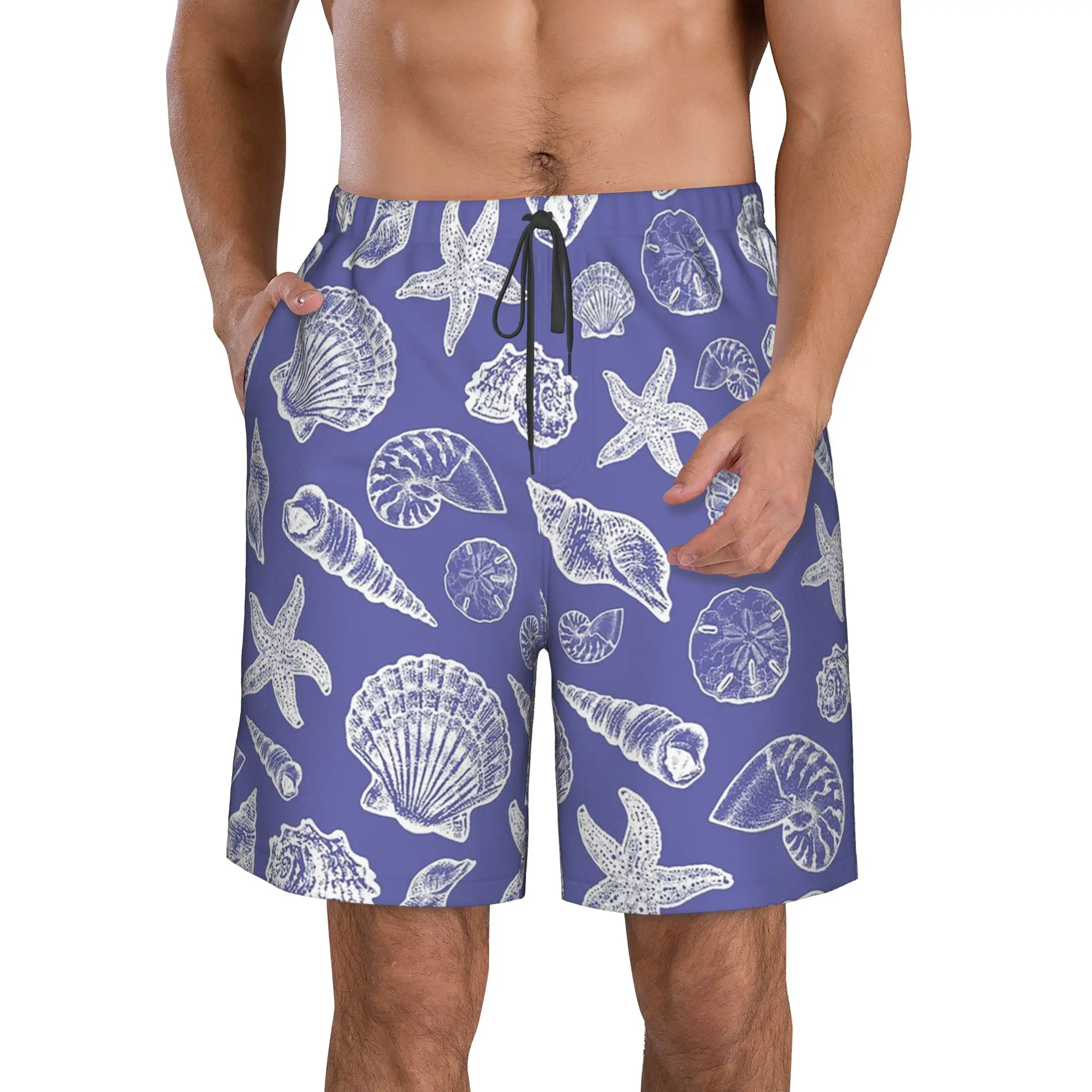 White Sea Shell In Blue Background Trunks Beach Board Shorts Casual Quick Dry Swim Summer Men Pants