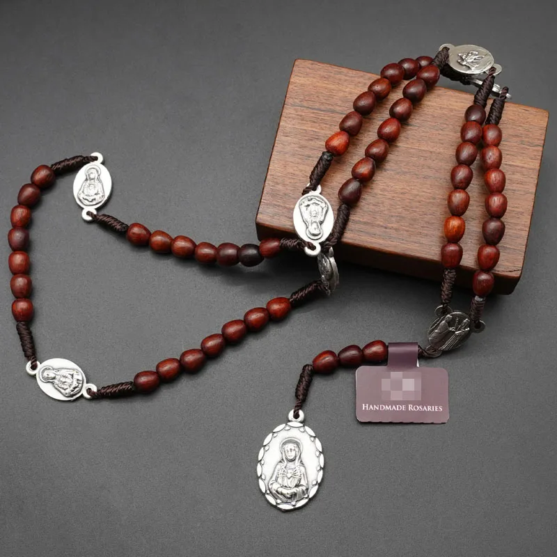 

Rosewood Teardrop Beads Wood Necklace for Women Men Rosary Beaded Bracelet String Maria Pendants Christian Religious Jewelry