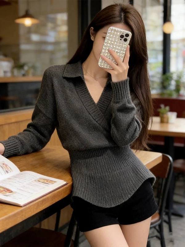 

Ele V-Ne Long Sve Knitted Sweater Women's Faion Slimming Dstring Spring New Arrival Comfortable Ciwalk Top