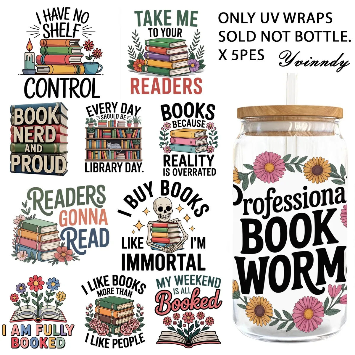 Lot de 5 films imperméables UV DTF de 16OZ, motif « Knowledge Is Power », adaptés aux ordinateurs portables, tables et chaises en verre (sans tasse)